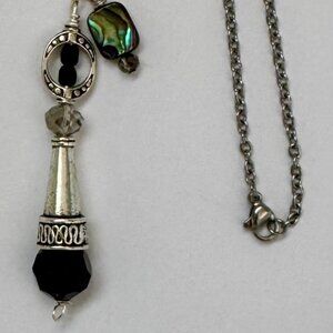 Necklace handmade silver carved cone black & gray crystals abalone OOAK